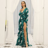 Bohemian Beach Dress Deep V Split Printed Lace up