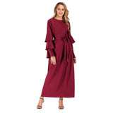 Muslim Women Stylish Kashibo Abaya Muslim Ladies Long Gown Islamic Clothing Jilbab Jalabiya Round Neck Loose Lace-up Long Sleeve Dress Women