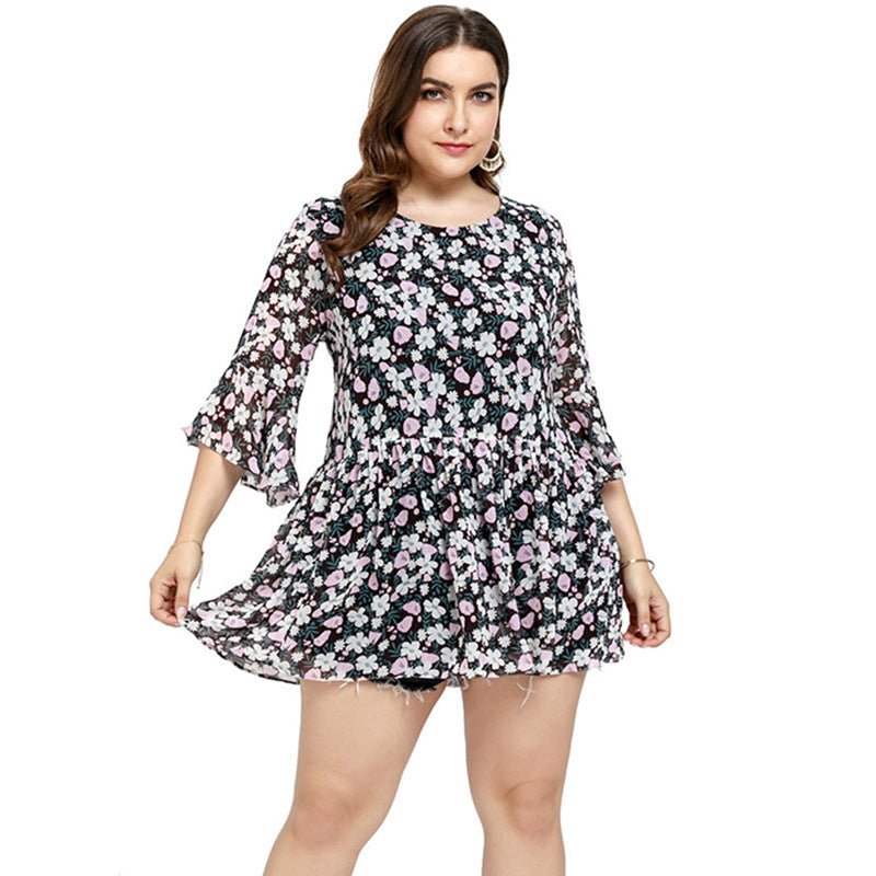 Women Plus Size Dresses Summer Fashion Flared Sleeves Floral Flounce Dress