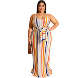 Women Plus Size Maxi Dresses Striped Spaghetti Straps Sexy Straight Dress with Belt