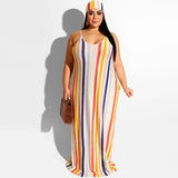 Women Plus Size Maxi Dresses Striped Spaghetti Straps Sexy Straight Dress with Belt