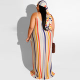 Women Plus Size Maxi Dresses Striped Spaghetti Straps Sexy Straight Dress with Belt