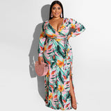Women Plus Size Maxi Dresses Summer Tight Bodycon Deep V Split Sexy Dress