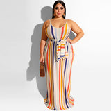 Women Plus Size Maxi Dresses Striped Spaghetti Straps Sexy Straight Dress with Belt