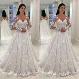 Women Lace Wedding Dress Lace Deep V Long Sleeve Formal Dress
