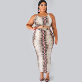 Women Plus Size Midi Dresses Leopard Print Suspenders Skinny Bodycon Sexy Two-Piece Suit