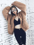Women Sherpa Jacket Fall Winter Coat Long Sleeve Stand Collar Pocket Loose Plush Coat for Women