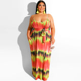 Women Plus Size Maxi Dresses Tie-Dyed Printed Straight Sexy Suspender Dress with Belt
