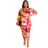 Women Plus Size Midi Dresses Printed Skinny Sheath Zipper Dress