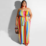Women Plus Size Maxi Dresses Striped Spaghetti Straps Sexy Straight Dress with Belt