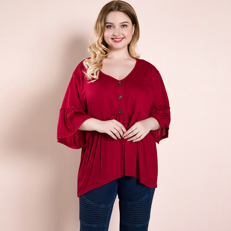 Women Plus Size Tops Autumn Red Top Loose V-neck Vintage Top for Women