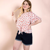 Women Plus Size Tops Bell Sleeve Loose Round Neck Red Floral Print Top