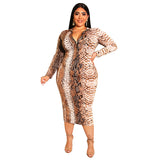 Women Plus Size Midi Dresses Printed Skinny Sheath Zipper Dress