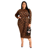 Women Plus Size Midi Dresses Printed Skinny Sheath Zipper Dress