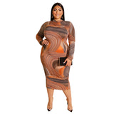 Women Plus Size Midi Dresses Printed Skinny Sheath Zipper Dress