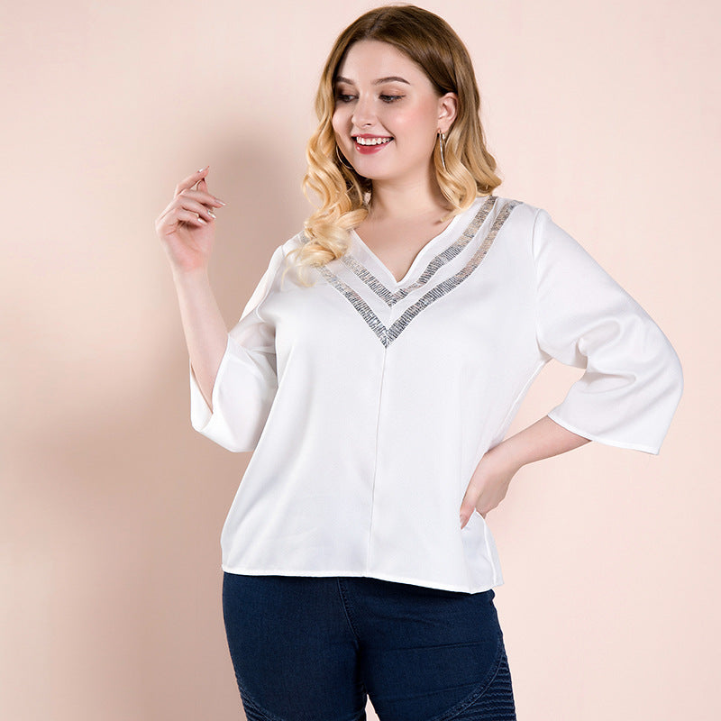 Women Plus Size Tops White Simple T-shirt V-neck Top