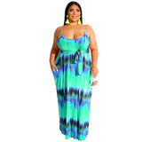 Women Plus Size Maxi Dresses Tie-Dyed Printed Straight Sexy Suspender Dress with Belt