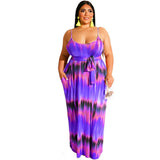 Women Plus Size Maxi Dresses Tie-Dyed Printed Straight Sexy Suspender Dress with Belt