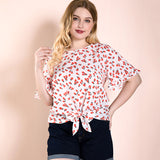 Women Plus Size Tops Bell Sleeve Loose Round Neck Red Floral Print Top