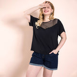 Women Plus Size Tops Lace Black Top Solid Color Fashion T-shirt