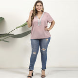 Women Plus Size Tops Spring and Summer Leisure T-shirt V-neck Ruffle Sleeve Pink Blouse