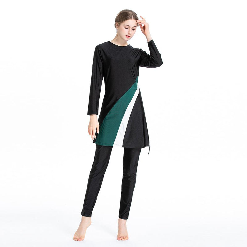 Burkini Muslim Swimwear Contrast Color Fit Conservative Swimwear Three-Piece Set