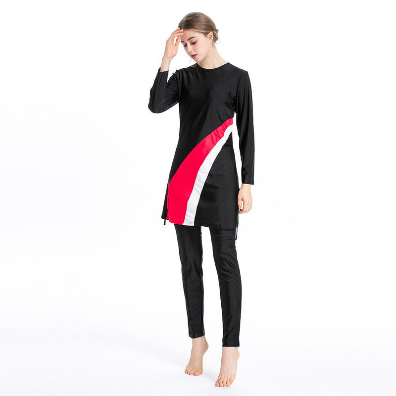 Burkini Muslim Swimwear Contrast Color Fit Conservative Swimwear Three-Piece Set
