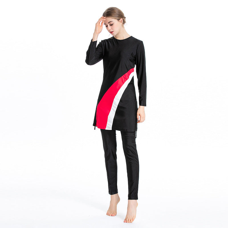 Burkini Muslim Swimwear Contrast Color Fit Conservative Swimwear Three-Piece Set