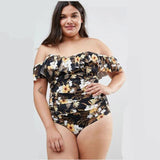 Women Plus Size Swimwear One-Pieces Sexy Off-the-Shoulder Ruffled Slimming Printed One-Piece Swimsuit for Women