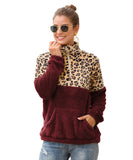 Women Sherpa Jacket Zipper and Lapel Double-Sided Velvet Leopard Splicing Sweater