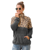 Women Sherpa Jacket Zipper and Lapel Double-Sided Velvet Leopard Splicing Sweater