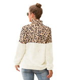 Women Sherpa Jacket Zipper and Lapel Double-Sided Velvet Leopard Splicing Sweater