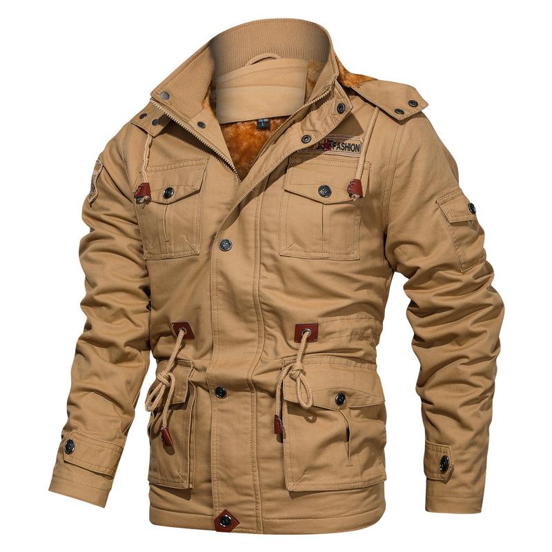 Men Fit Bomber Jacket Windbreaker Moto Street Coat Winter Casual plus Size Hooded Men's Jacket plus Velvet Thick Mid-Length Coat