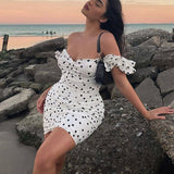 Women Summer Dresses Mini Dress Summer Women's Fashion Polka Dot Pleated off-Shoulder Slip Dress Women's Dress Summer