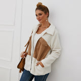 Women Sherpa Jacket Zipper and Lapel with Pockets on Both Sides Women Faux Fur Coat