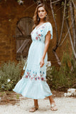 Bohemian V-neck Button Embroidered Flower Drawstring Lace up Holiday Dress