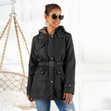 Women Sherpa Jacket Cotton-Padded Coat Fur Collar Belt Fur inside Ladies Mid-Length Cotton Clothing