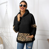 Women Sherpa Jacket Bathroom Hooded Leopard Splicing Pocket Female Double-Sided Fleece Shirt
