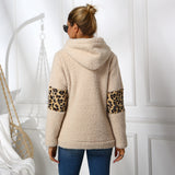 Women Sherpa Jacket Bathroom Hooded Leopard Splicing Pocket Female Double-Sided Fleece Shirt