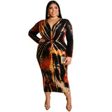 Women Plus Size Midi Dresses Tie-Dye Printed V-neck Tight Sexy Maxi Dress