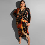 Women Plus Size Midi Dresses Tie-Dye Printed V-neck Tight Sexy Maxi Dress