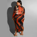 Women Plus Size Midi Dresses Tie-Dye Printed V-neck Tight Sexy Maxi Dress