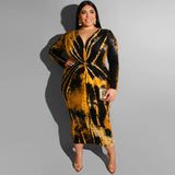 Women Plus Size Midi Dresses Tie-Dye Printed V-neck Tight Sexy Maxi Dress
