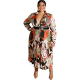 Women Plus Size Midi Dresses Autumn and Winter Printing Deep V Sexy Dress with Belt