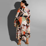 Women Plus Size Midi Dresses Autumn and Winter Printing Deep V Sexy Dress with Belt
