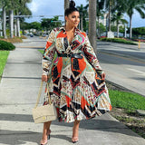 Women Plus Size Midi Dresses Autumn and Winter Printing Deep V Sexy Dress with Belt