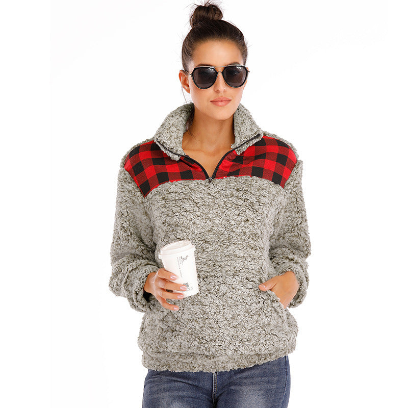 Women Sherpa Jacket Color Matching Velvet Padded Thickened Sweater Women's Sweater Top