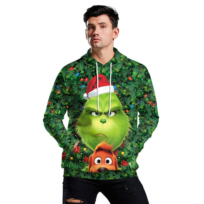 Ugly Christmas Sweater Green Fur Monster 3D Digital Printing Couple Long-Sleeved Sweater Hooded Pullover