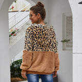 Women Sherpa Jacket Leopard Splicing Winter Coat Top