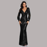 Mariah Carey See through Dress Solid Color plus Size Long Sleeve Sequined Fishtail Evening Dress